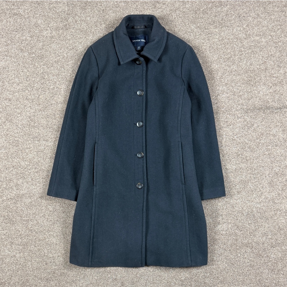 Lands End Navy Blue Wool Blend Mid Length Single Breasted Pea Coat Women’s 14 P